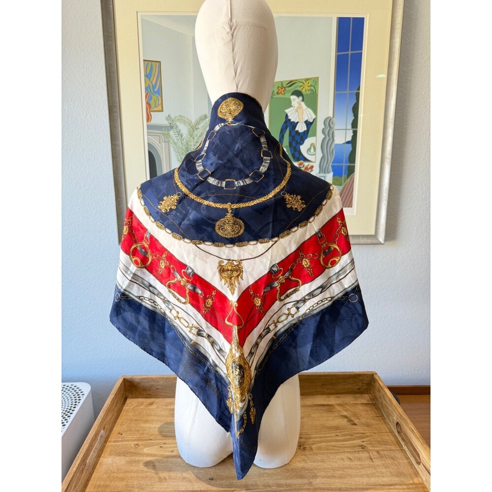 Leslie Fay Square Scarf Chains & Crests Red White Blue & Gold‎ 30"